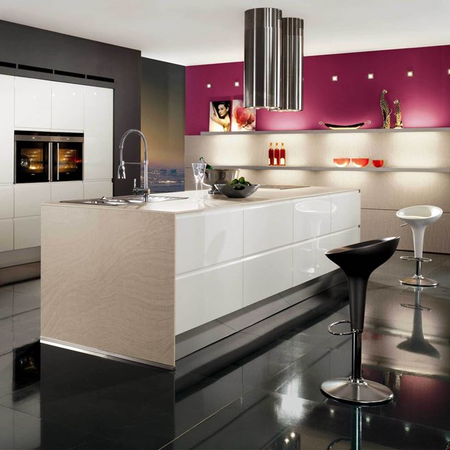 Contemporary white pink dark kitchen design 