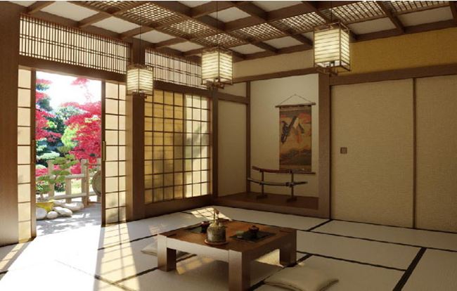 Living-room-in-Japanese-style-with-wooden-table