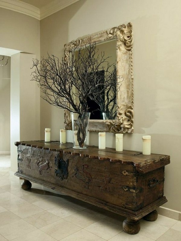Vestibule-decor-antique-wooden console table framed mirror