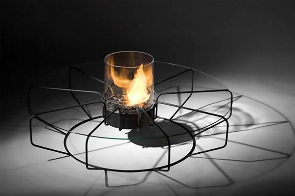 burning open fire contemporary coffee tables design