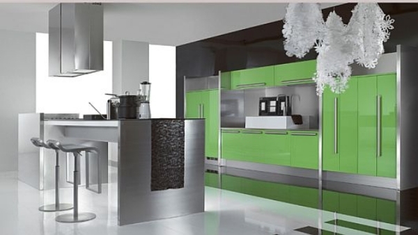 green glossy cabinetry stainless steel