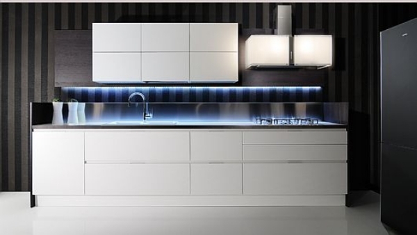 contemporary white kitchen neon lights front