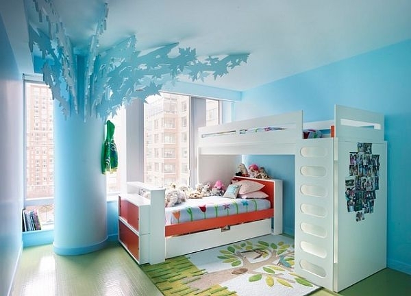 blue with bunk beds and tree
