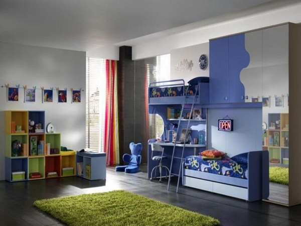 children room blue ladder multicolor accents