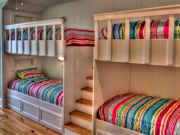 Four bunk beds for kids stairs multicolour linen