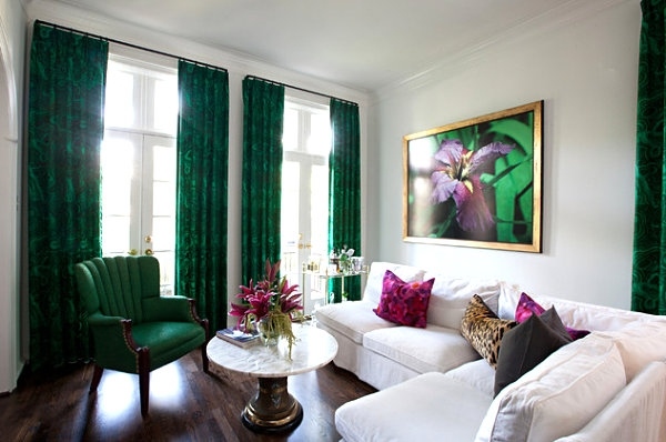 rich emerald curtains and chair accents