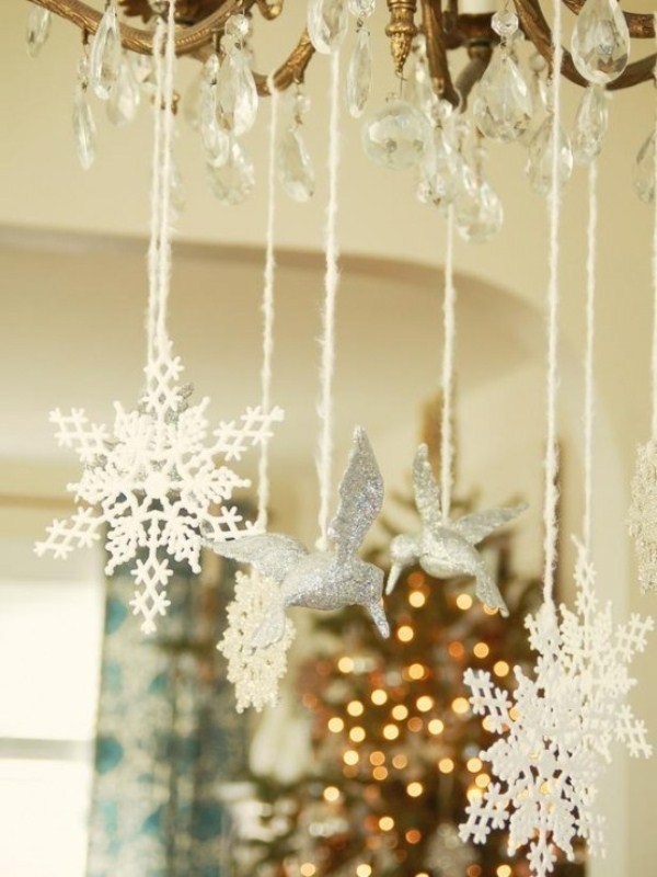 white christmas decor snowlakes and ornaments