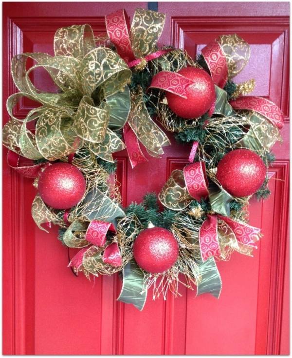 Christmas Ribbon Wreath with red balls and greenery
