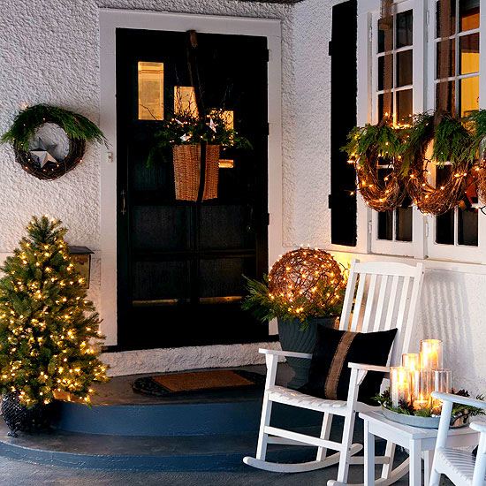 Christmas front door decoration basket on door wreaths on windows