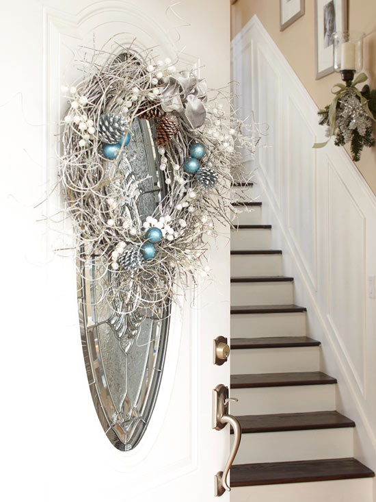 Christmas front door in silver and white
