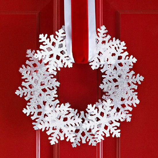 Christmas front door decoration wreath in white red ribbon