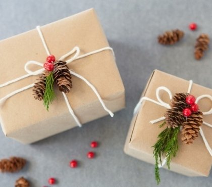 Christmas-gift-wrapping- ideas-natural-materials-pine-cones-branches