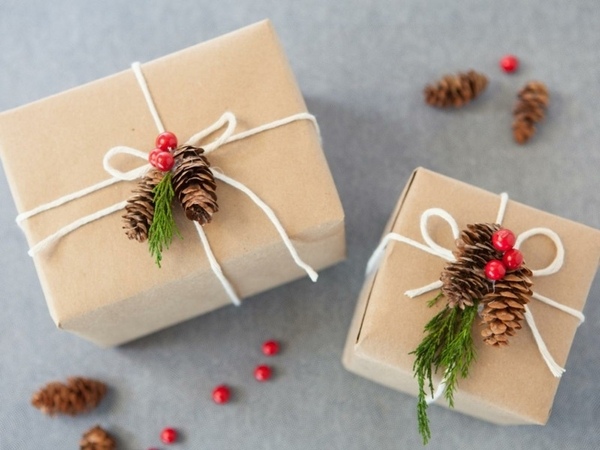 Christmas-gift-wrapping- ideas-natural-materials-pine-cones-branches
