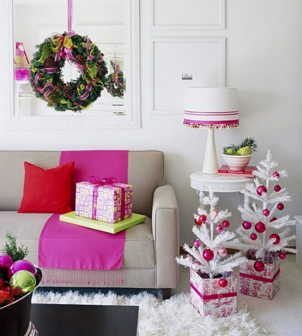 Christmas living room decoration ideas tree white purple