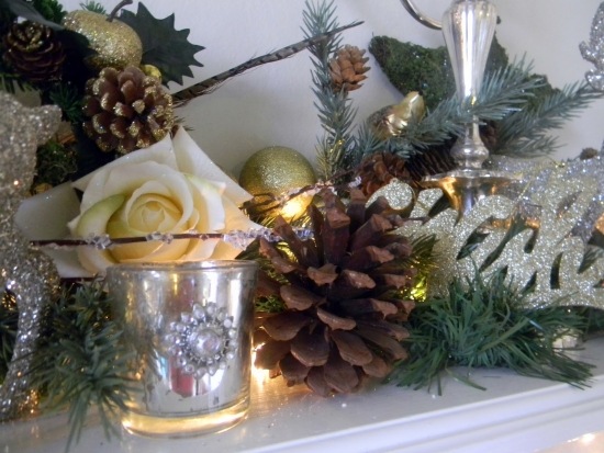 Christmas mantel decoration pinecone rose and ornaments