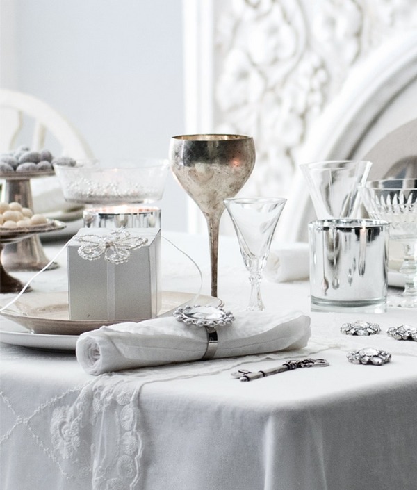 Christmas festive table decorations elegant setting white silver