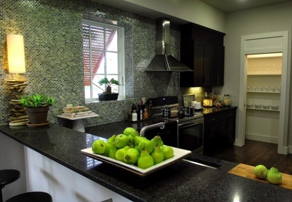 Emerald Green Tiles contrast to kitchen cabinets