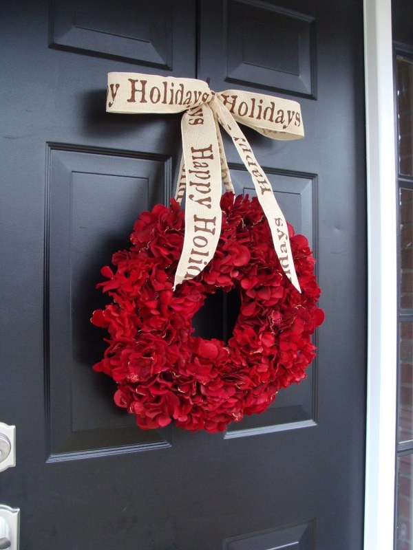 Front door christmas wreath flowers ribbon message