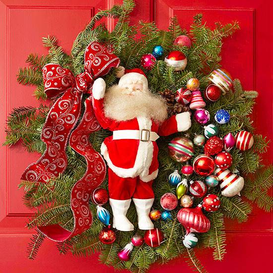 Front door Christmas wreath design red loop Santa Claus