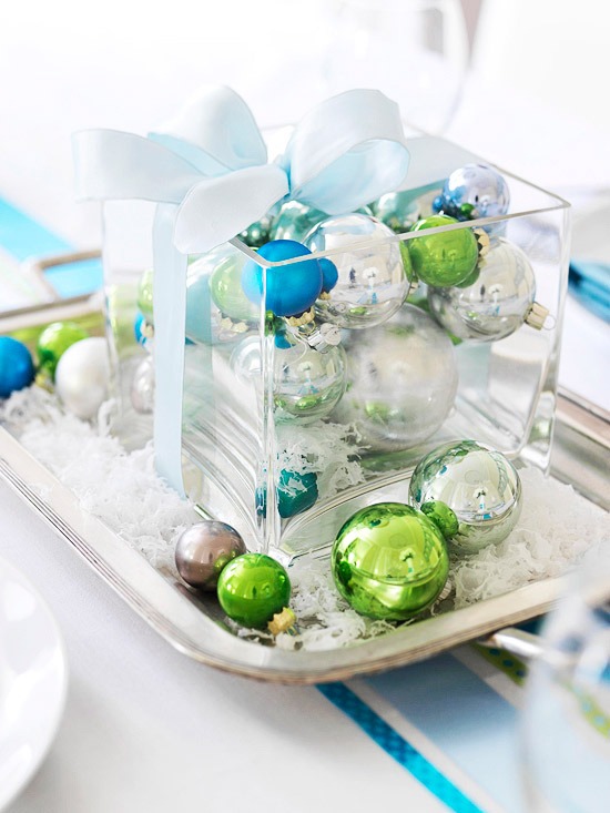 Gift wrapped christmas ornaments side table decoration