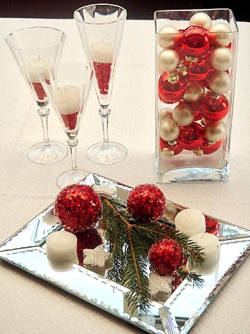 Glass cylinder and serving plate red ornaments