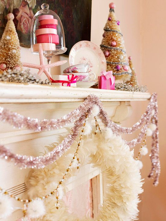 Glittering Pink Christmas Garland mantel