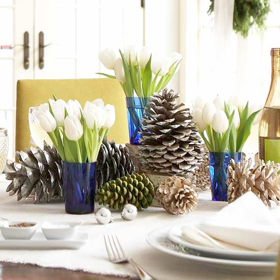 Tulips and Pinecones Christmas table Centerpiece
