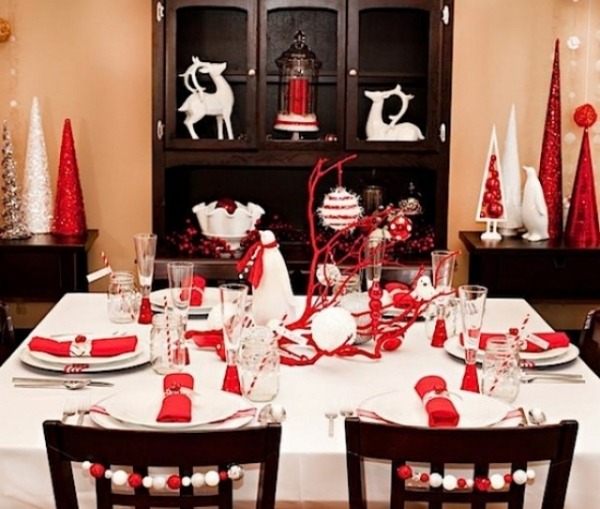 White linen red table accessories christmas decoration table