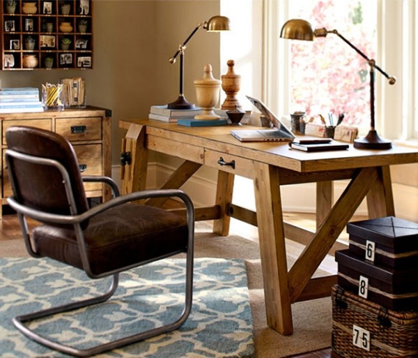 bench style office desks crafted from natural materials