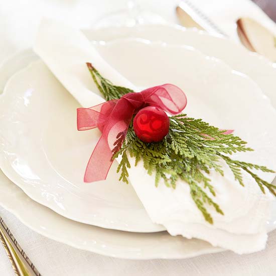 delicate christmas napkin decoration red ribbon