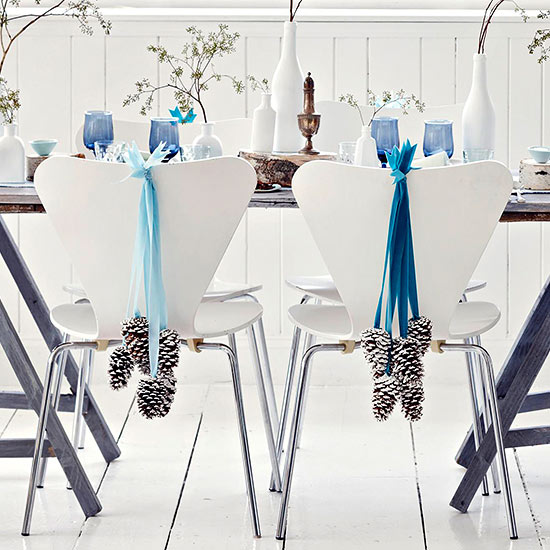 dining room cheap decor pinecone Blue ribbons White chairs