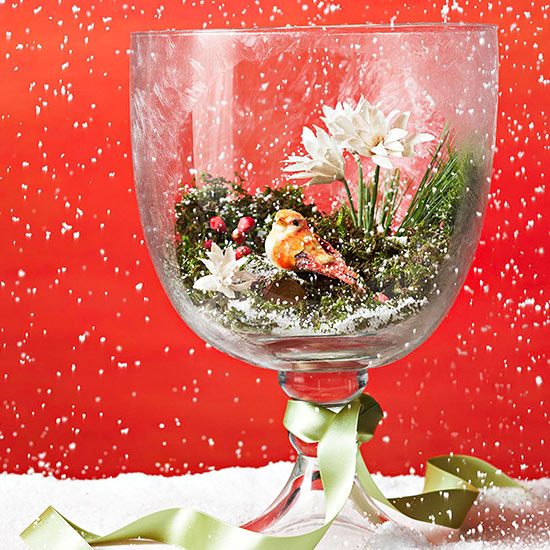 easy crafts glass with evergreens flowers bird