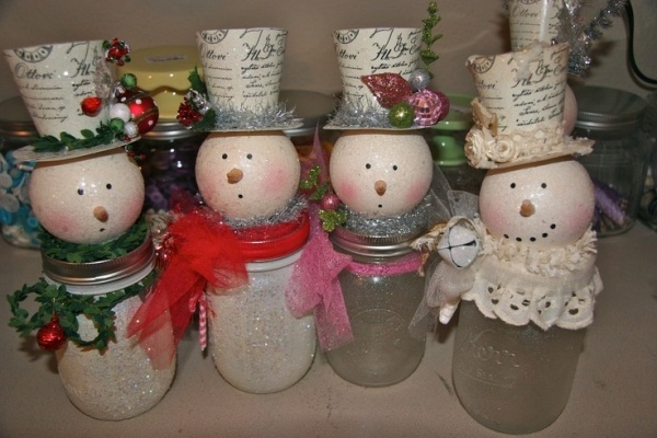 homemade snowmen paper hats jars