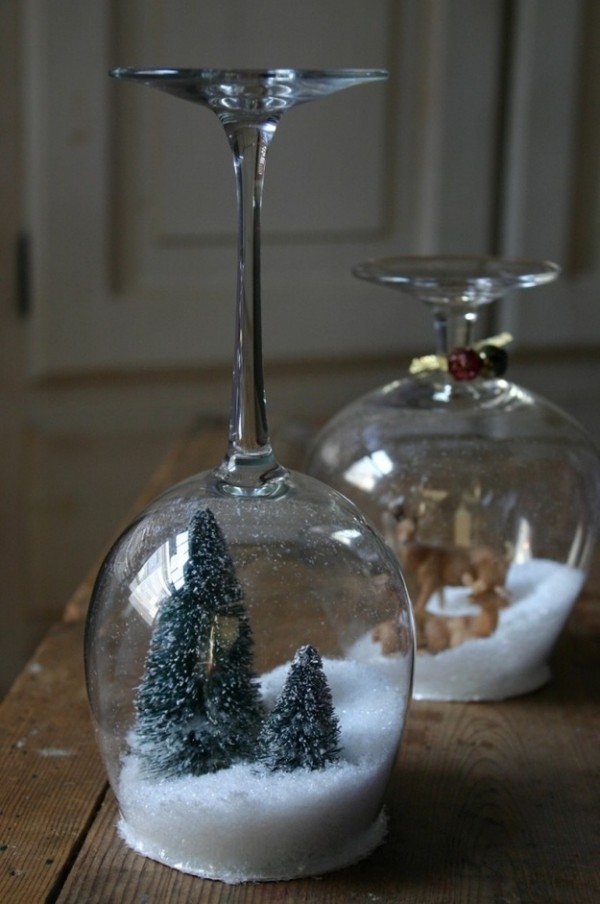 easy to craft christmas decoration snow globe in wine cognac glasses