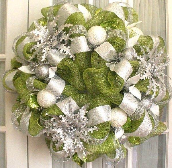 front door christmas wreath mesh wreath green white colors