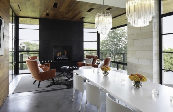 open living roomgas fireplace dining area contrast