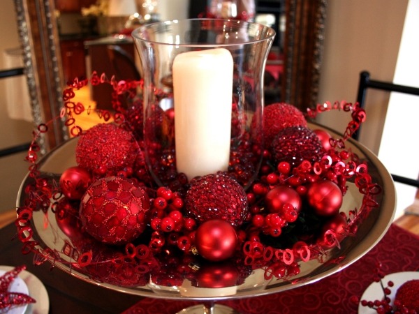 red white christmas decoration ornaments candle in glass holder