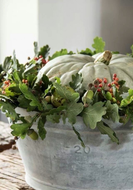 rustic style green thanksgiving dgecorating ideas bucket pumpkin leaves