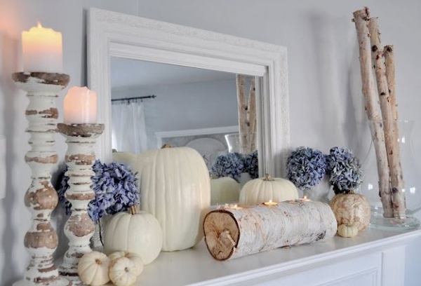 stylish thanksgiving decoration ideas white mantel logs pumpkins