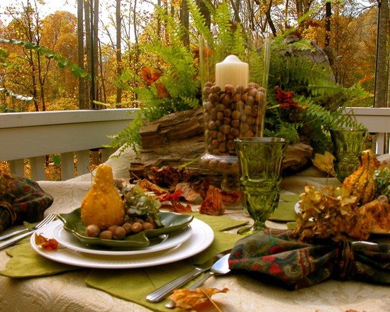 thanksgiving decoration ideas porch leaves nuts glass candleholder 