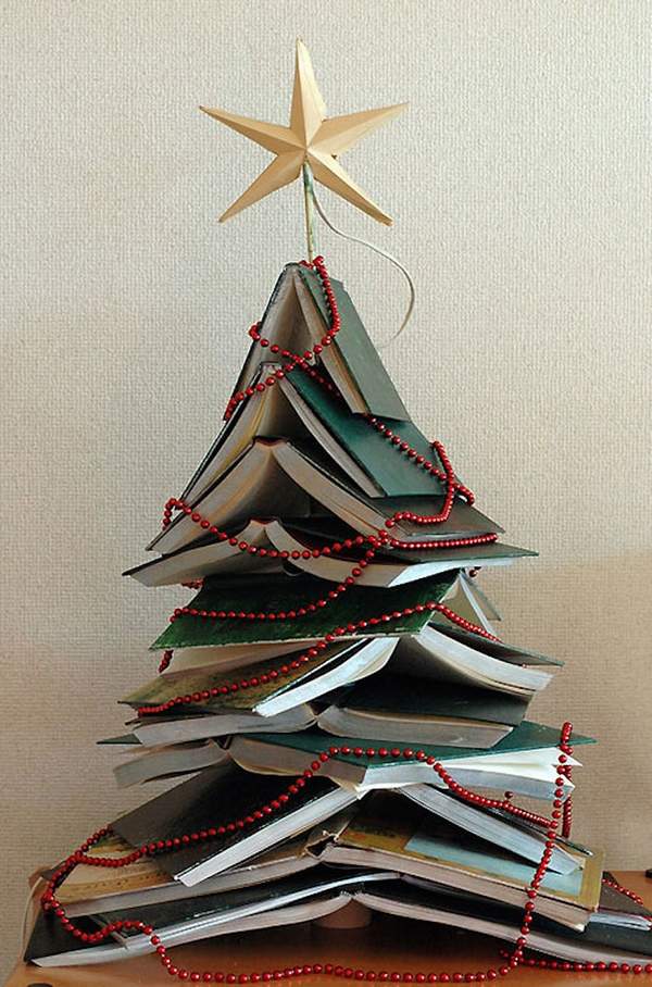 unusual bold Christmas home decoration ideas creative cristmas tree open books