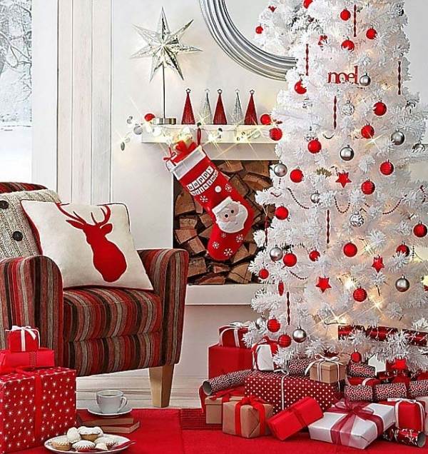  christmas tree white red ornaments and presents