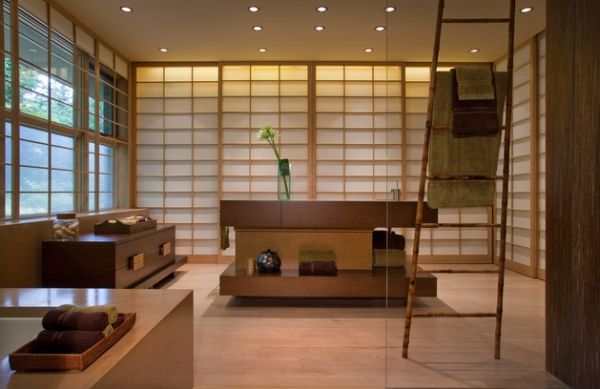 Asian syle minimalist bathroom design wood furniture rustic tile 