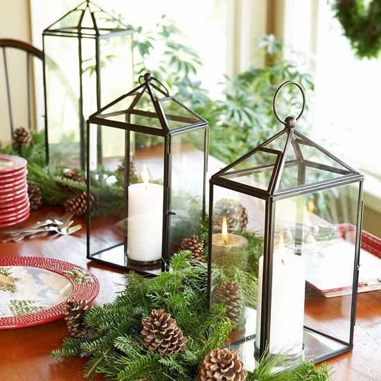 DIY easy table glass lanterns candles garland cones