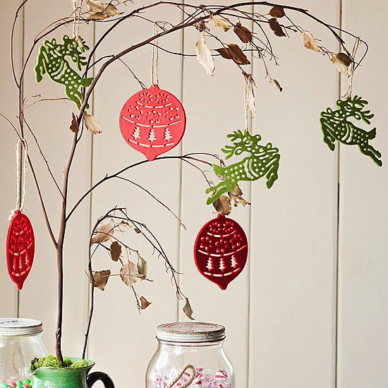 DIY easy holiday decor ideas colorful ornaments on bare branch