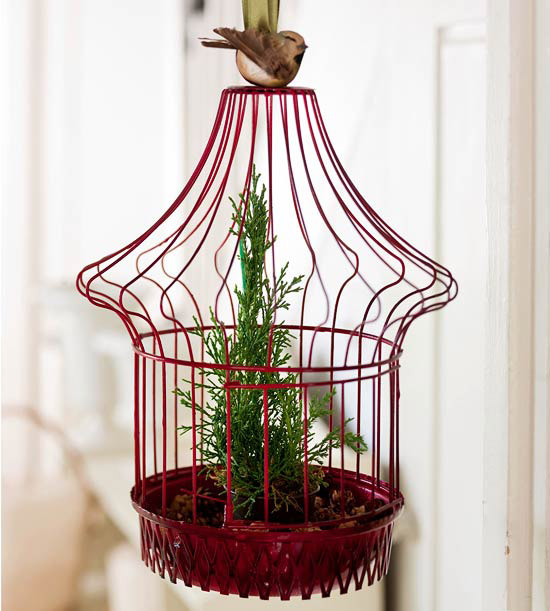 DIY holiday decoration ideas birdcage from ceiling potted tree