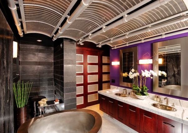 Japanese style bathroom decoration black purple accents and flowers