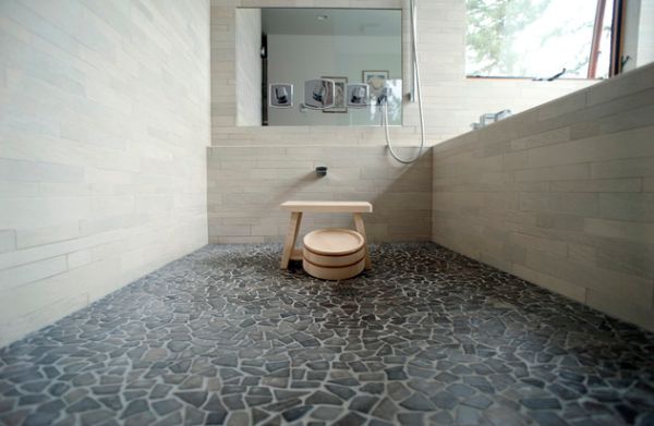 Japanese style bathroom design natural stone floor wooden chair