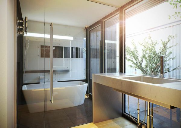 Minimalist modern glass walls free standing bathtub shower