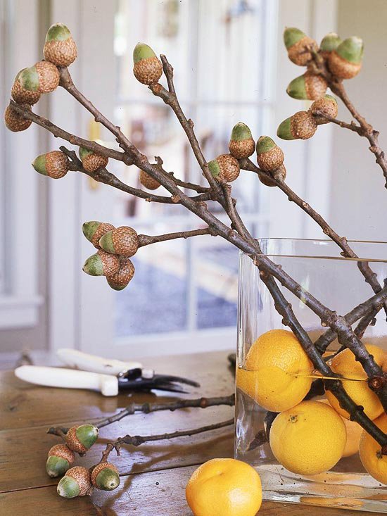 Thanksgiving table decoration ideas fruits centerpieces lemons acorns
